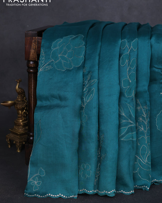 Pure organza silk saree teal green with floral embroidery & pita work