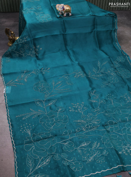Pure organza silk saree teal green with floral embroidery & pita work