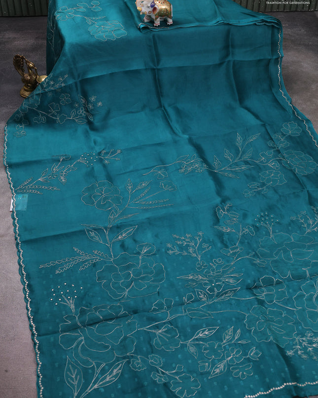 Pure organza silk saree teal green with floral embroidery & pita work