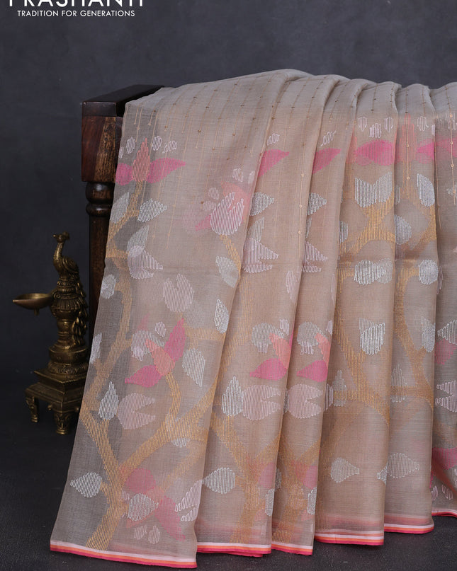 Pure organza silk saree sandal with jamdhani weaves and sequin border