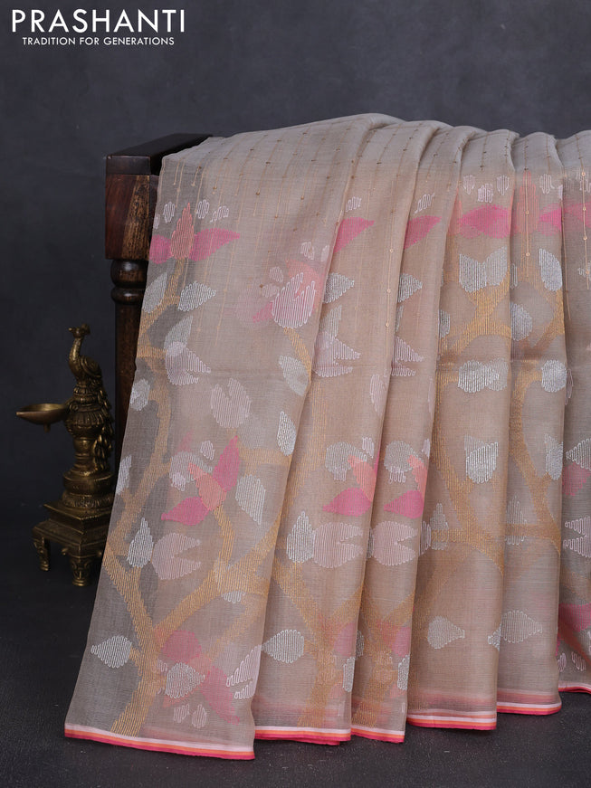 Pure organza silk saree sandal with jamdhani weaves and sequin border