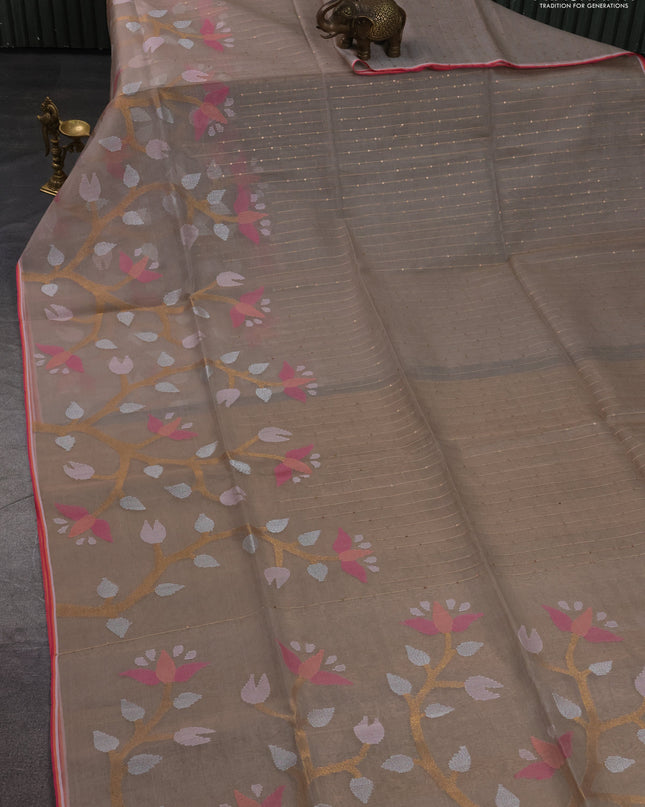 Pure organza silk saree sandal with jamdhani weaves and sequin border