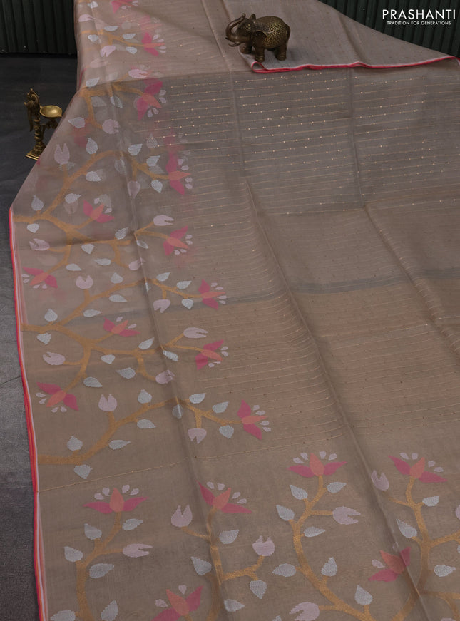 Pure organza silk saree sandal with jamdhani weaves and sequin border