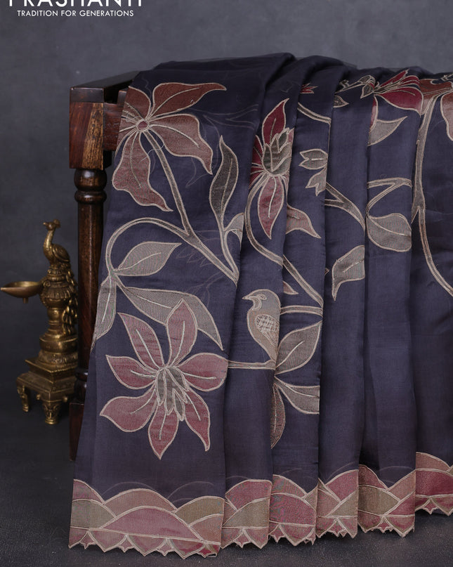 Pure organza silk saree grey with prints & pita work