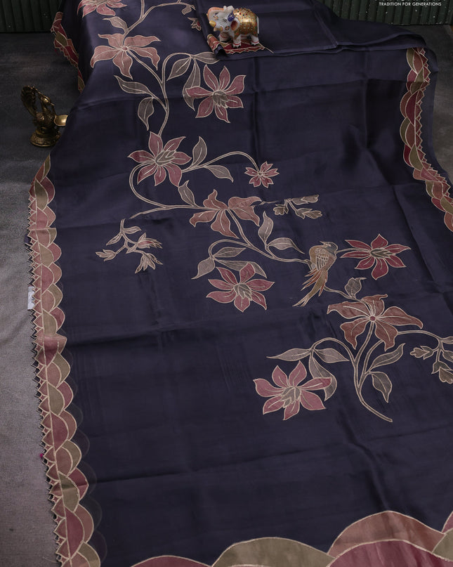 Pure organza silk saree grey with prints & pita work