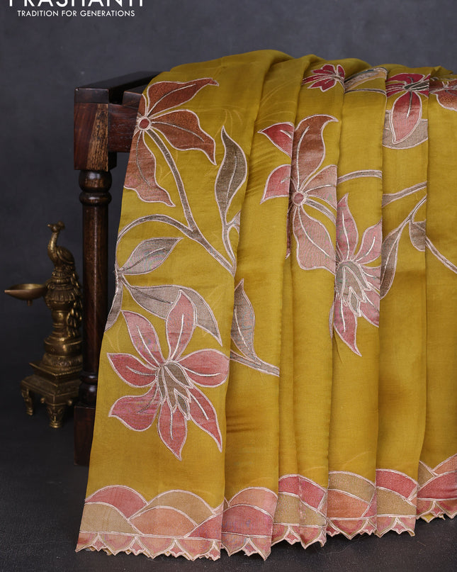 Pure organza silk saree lime yellow with prints & pita work