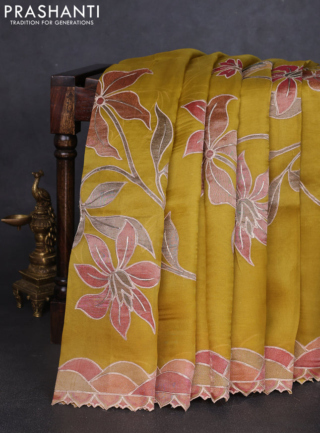 Pure organza silk saree lime yellow with prints & pita work