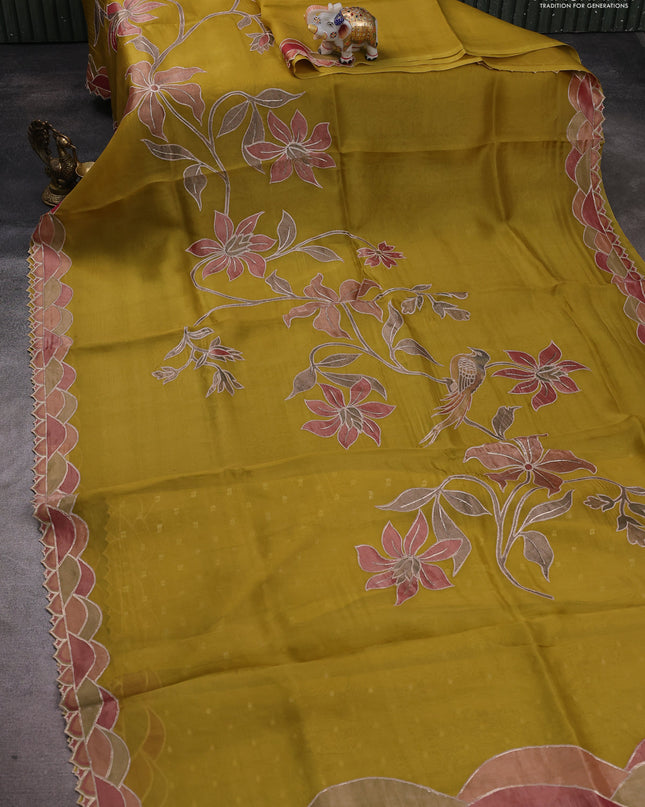 Pure organza silk saree lime yellow with prints & pita work