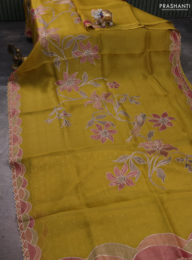Pure organza silk saree lime yellow with prints & pita work
