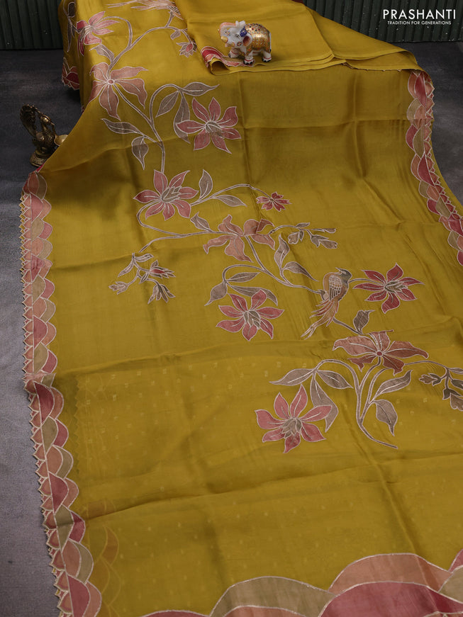 Pure organza silk saree lime yellow with prints & pita work