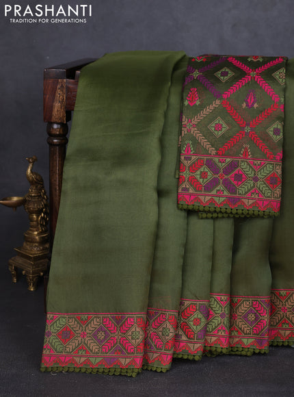 Pure organza silk saree mehendi green with plain body and embroidery work border