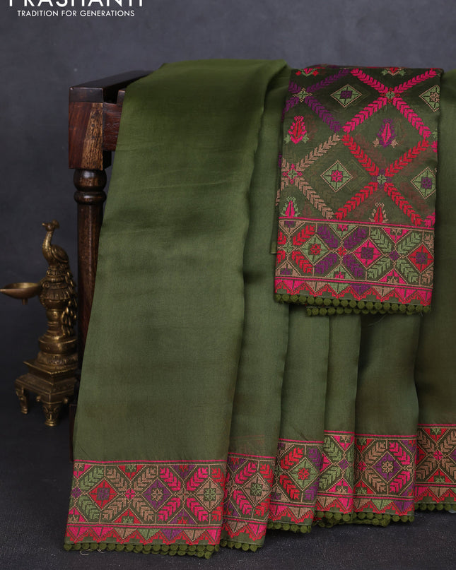 Pure organza silk saree mehendi green with plain body and embroidery work border