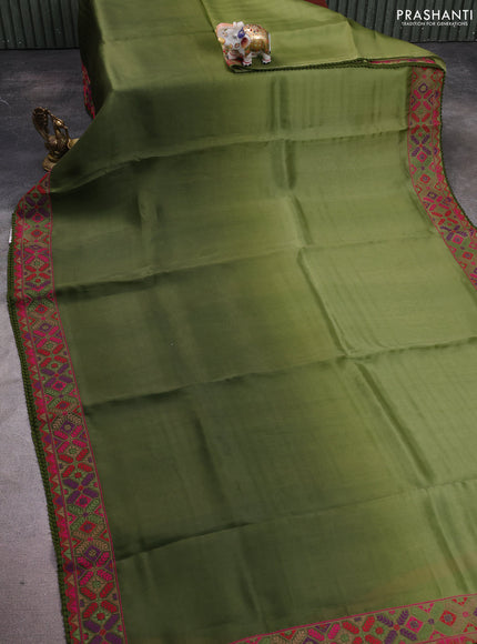 Pure organza silk saree mehendi green with plain body and embroidery work border