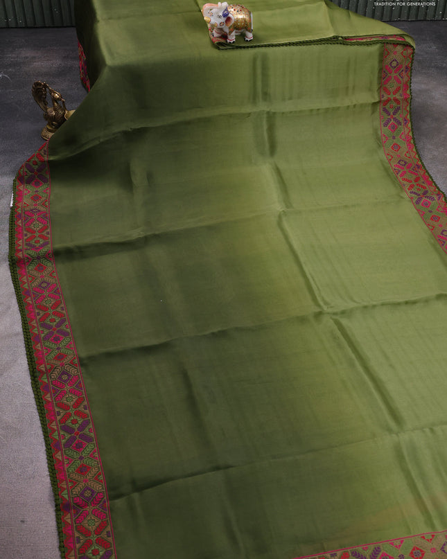 Pure organza silk saree mehendi green with plain body and embroidery work border