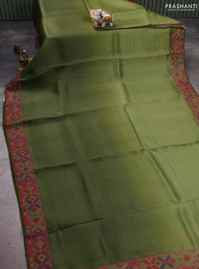 Pure organza silk saree mehendi green with plain body and embroidery work border