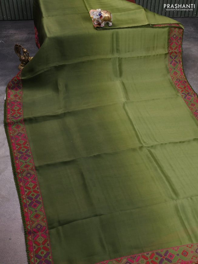 Pure organza silk saree mehendi green with plain body and embroidery work border