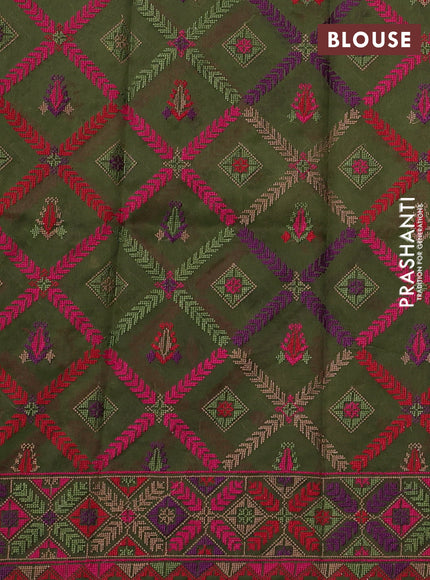 Pure organza silk saree mehendi green with plain body and embroidery work border
