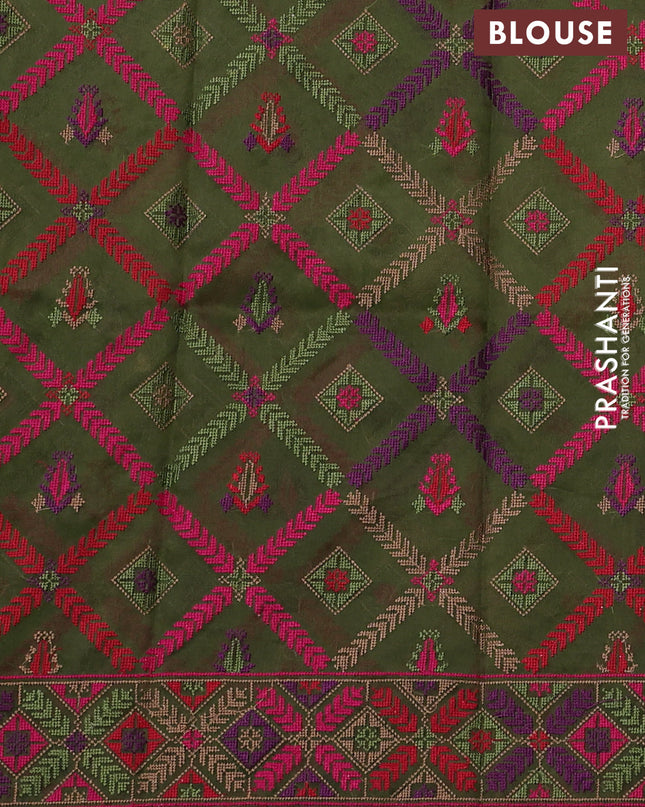 Pure organza silk saree mehendi green with plain body and embroidery work border