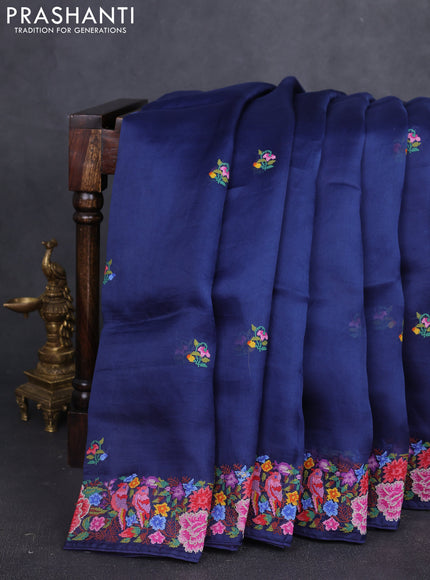 Pure organza silk saree navy blue with embroidery buttas and floral embroidery border