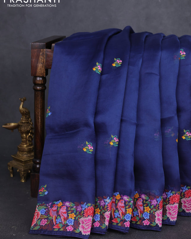 Pure organza silk saree navy blue with embroidery buttas and floral embroidery border