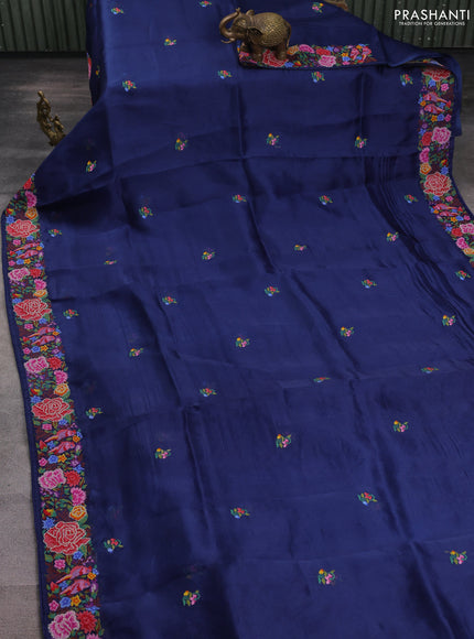 Pure organza silk saree navy blue with embroidery buttas and floral embroidery border