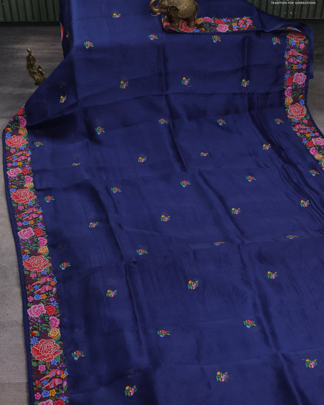 Pure organza silk saree navy blue with embroidery buttas and floral embroidery border