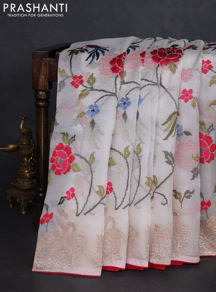 Pure organza silk saree off white and red with allover embroidery work and embroidery butta border