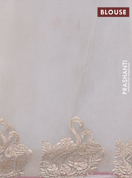 Pure organza silk saree off white and red with allover embroidery work and embroidery butta border