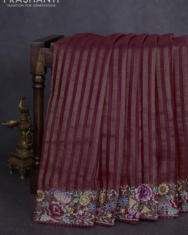 Pure organza silk saree maroon with allover zari stripes pattern and floral embroidery border