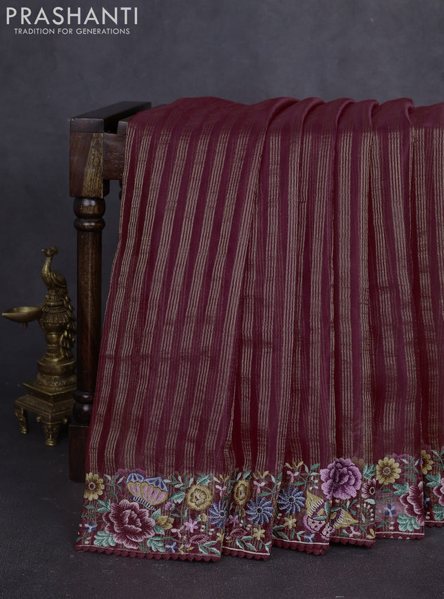 Pure organza silk saree maroon with allover zari stripes pattern and floral embroidery border