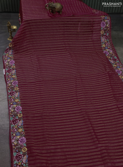 Pure organza silk saree maroon with allover zari stripes pattern and floral embroidery border