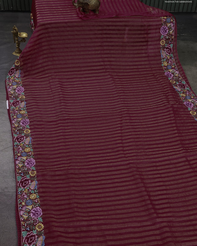 Pure organza silk saree maroon with allover zari stripes pattern and floral embroidery border