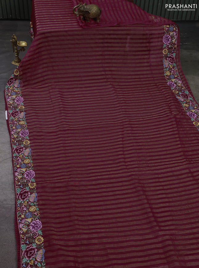 Pure organza silk saree maroon with allover zari stripes pattern and floral embroidery border