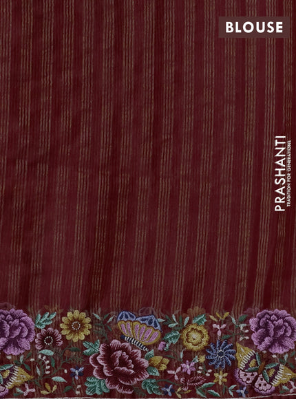 Pure organza silk saree maroon with allover zari stripes pattern and floral embroidery border