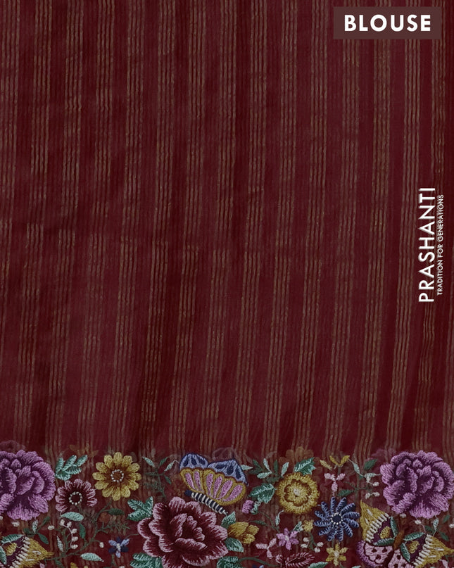 Pure organza silk saree maroon with allover zari stripes pattern and floral embroidery border