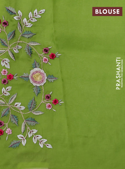 Pure organza silk saree parrot green with plain body and floral embroidery border