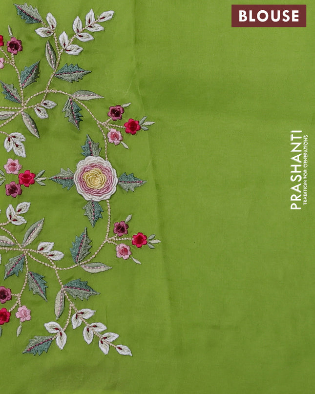 Pure organza silk saree parrot green with plain body and floral embroidery border