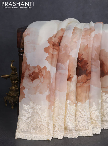 Pure organza silk saree cream with floral prints and floral embroidery border