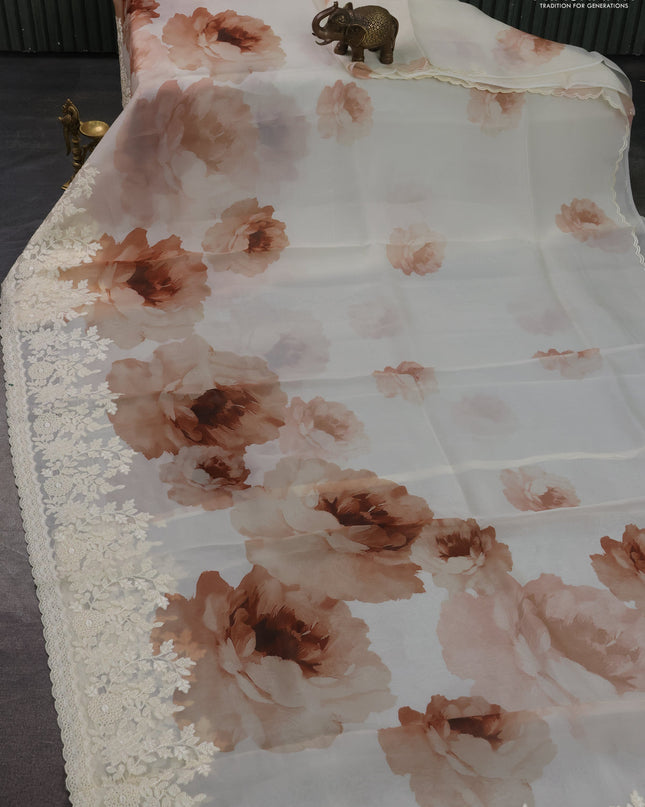 Pure organza silk saree cream with floral prints and floral embroidery border