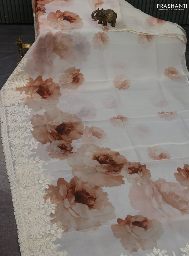 Pure organza silk saree cream with floral prints and floral embroidery border