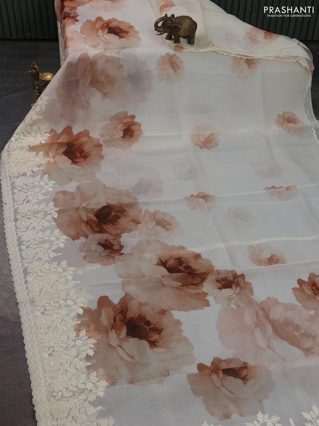 Pure organza silk saree cream with floral prints and floral embroidery border