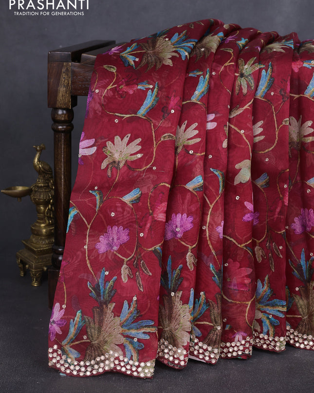Pure organza silk saree maroon with allover prints & embroidery work and zardosi gotapatti work border