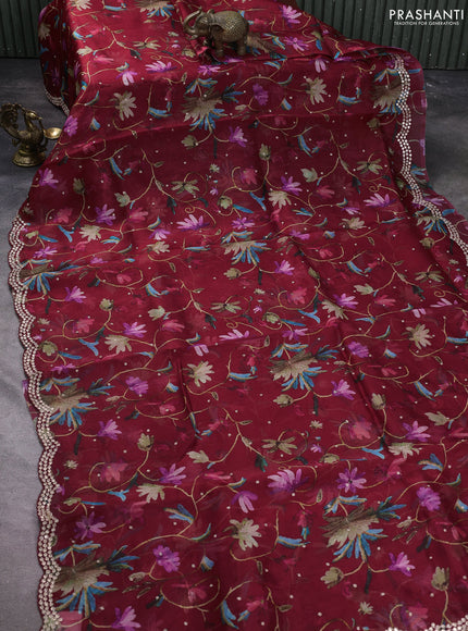 Pure organza silk saree maroon with allover prints & embroidery work and zardosi gotapatti work border