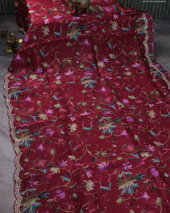 Pure organza silk saree maroon with allover prints & embroidery work and zardosi gotapatti work border
