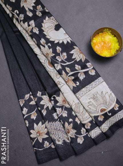 Semi tussar saree black with plain body and embroidered pallu
