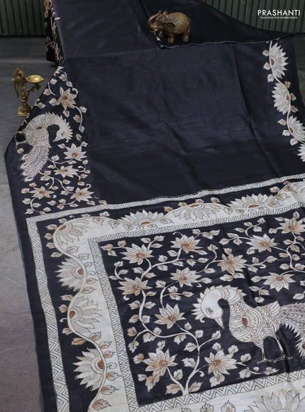 Semi tussar saree black with plain body and embroidered pallu