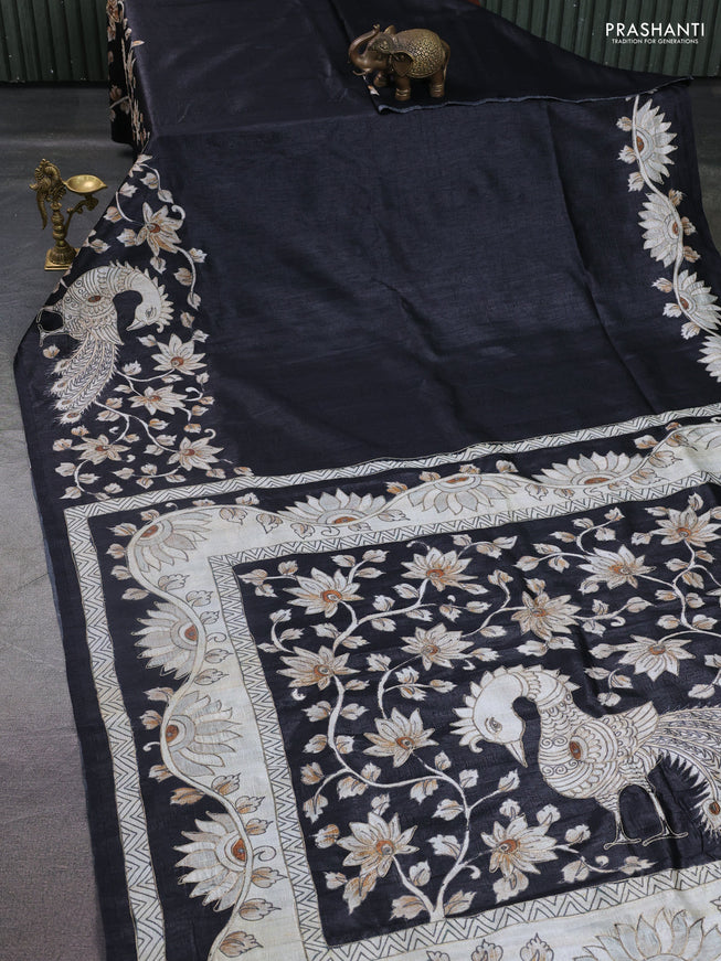 Semi tussar saree black with plain body and embroidered pallu