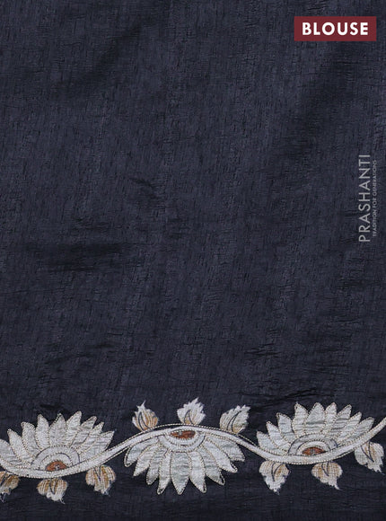Semi tussar saree black with plain body and embroidered pallu