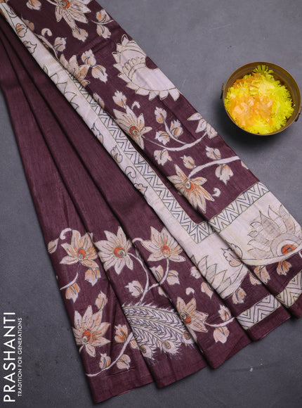 Semi tussar saree maroon with plain body and embroidered pallu