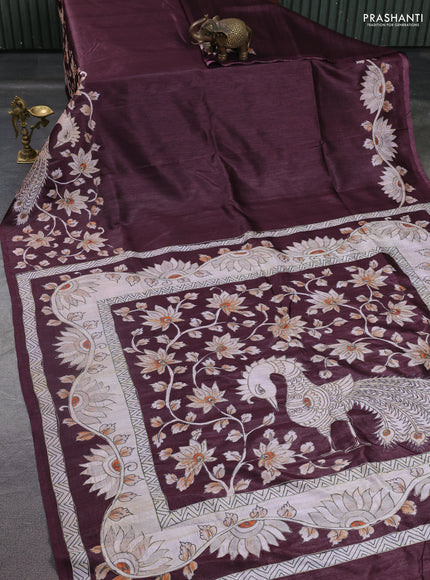 Semi tussar saree maroon with plain body and embroidered pallu